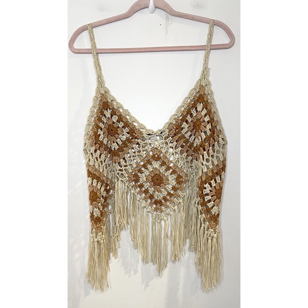 Vivid Crochet Knit Boho Fringe Festival Crop Top Summer Y2K Beige Brown XL